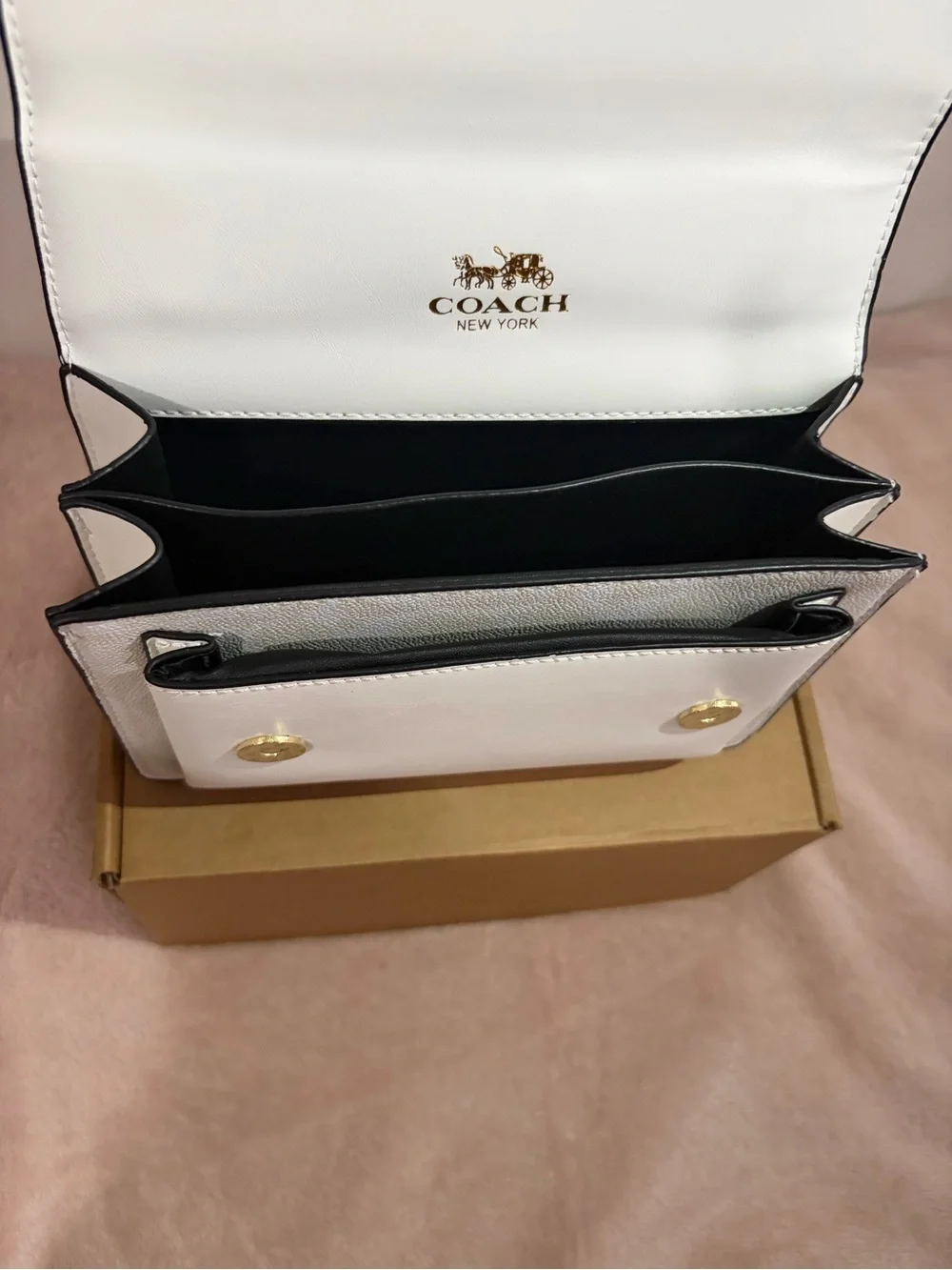 Coach Cream and White Signature Chain Shoulder Bag